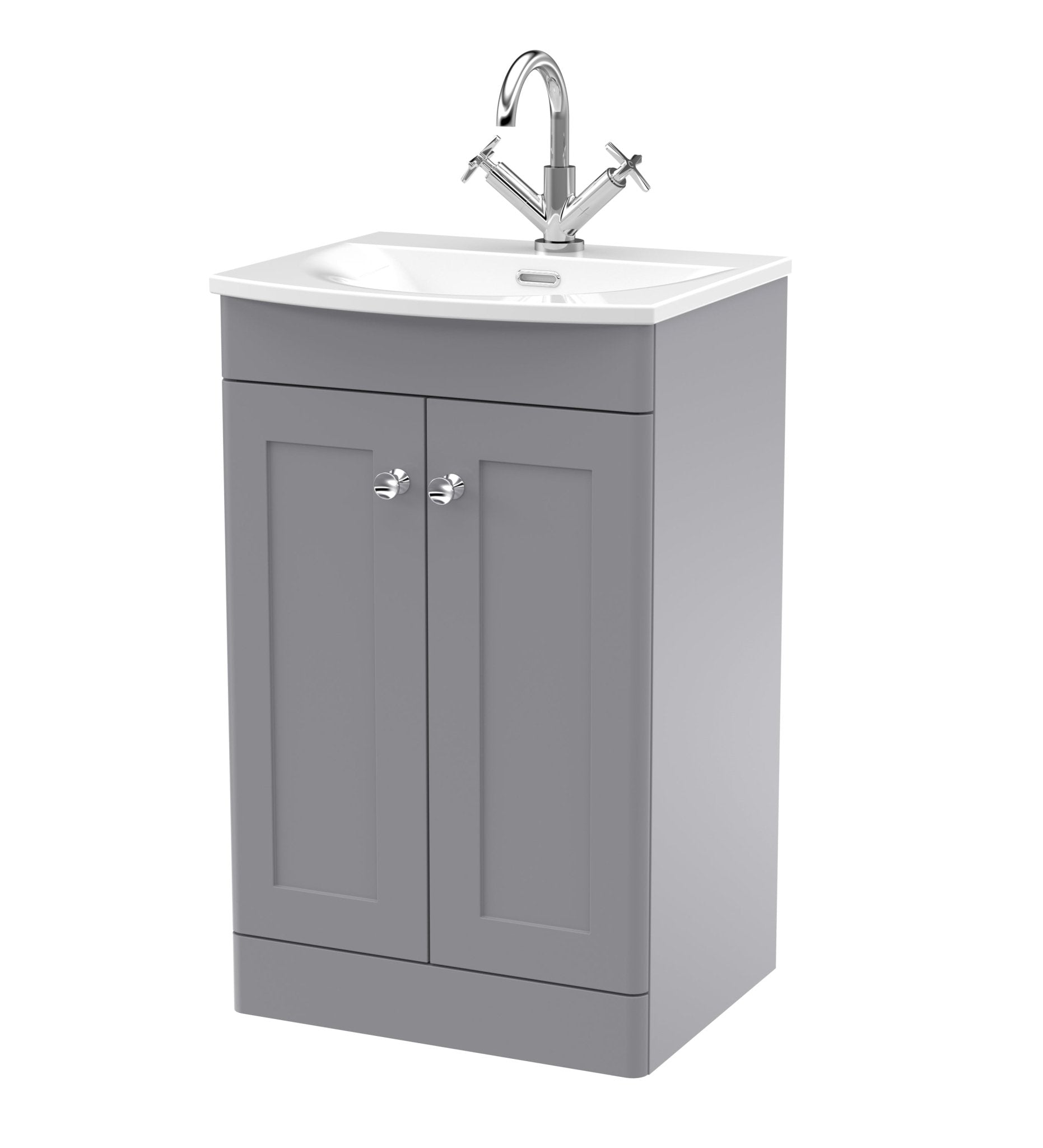 Nui Classique 500mm Floor Standing 2 - door Unit & Curved Basin Traditional Satin Grey MFC Painted Matt 830x510x440mm - JJ Building Materials