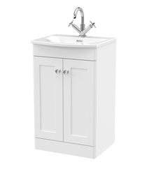 Nui Classique 500mm Floor Standing 2 - door Unit & Curved Basin Traditional Satin White MFC Painted Matt 830x510x440mm - JJ Building Materials
