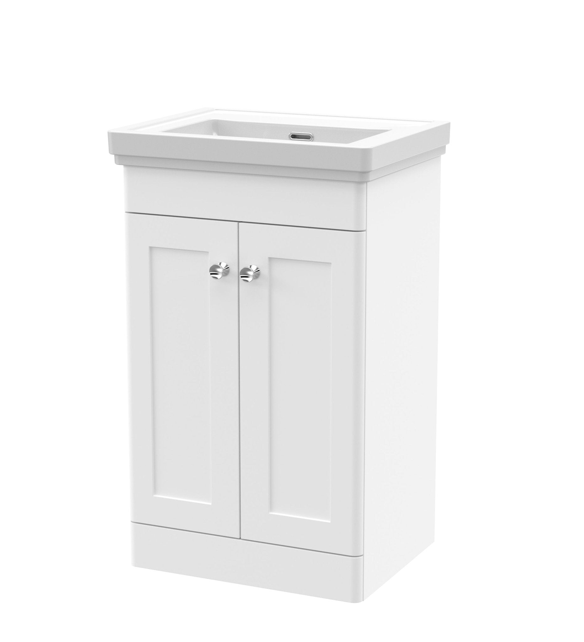 Nui Classique 500mm Floor Standing 2 Door Vanity & Basin 0th Traditional Satin White MFC Painted Matt 820x531x406mm - JJ Building Materials