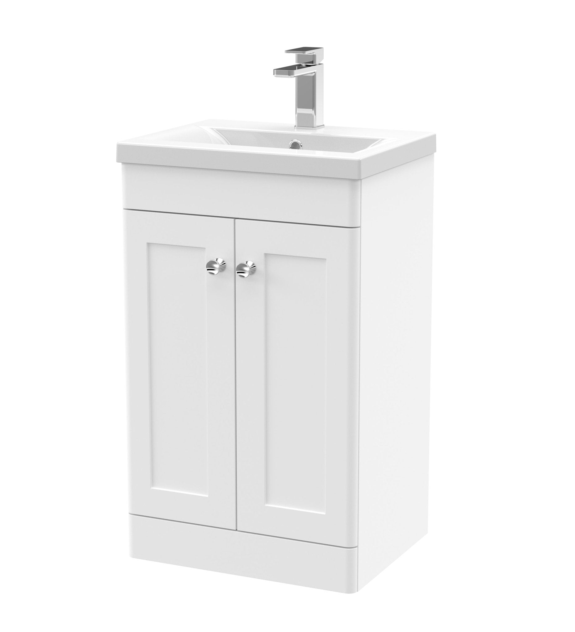 Nui Classique 500mm Floor Standing 2 Door Vanity & Basin 1 Traditional Satin White MFC Painted Matt 840x510x390mm - JJ Building Materials
