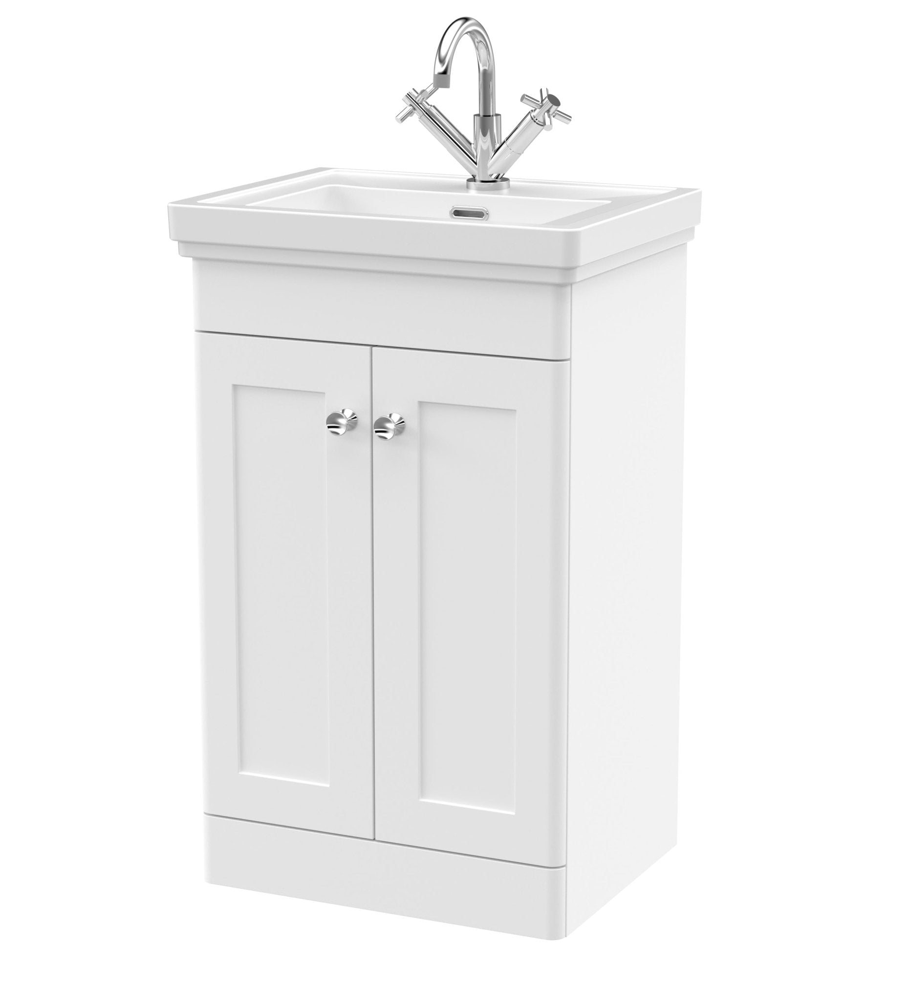 Nui Classique 500mm Floor Standing 2 - door Vanity & Basin 1th Traditional Satin White MFC Painted Matt 865x531x406mm - JJ Building Materials