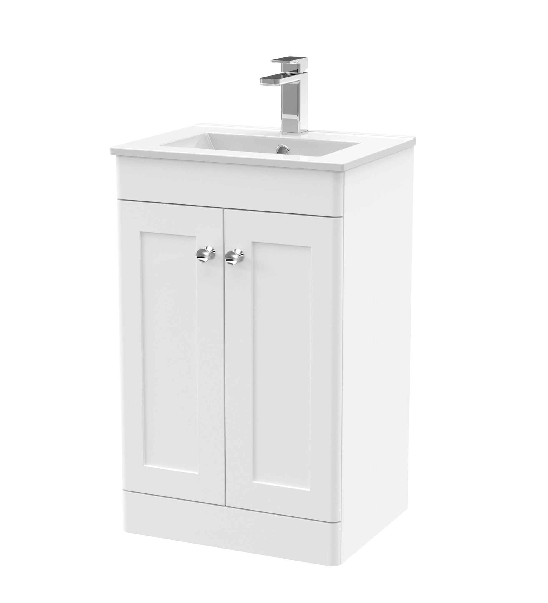 Nui Classique 500mm Floor Standing 2 Door Vanity & Basin 2 Traditional Satin White MFC Painted Matt 818x500x390mm - JJ Building Materials