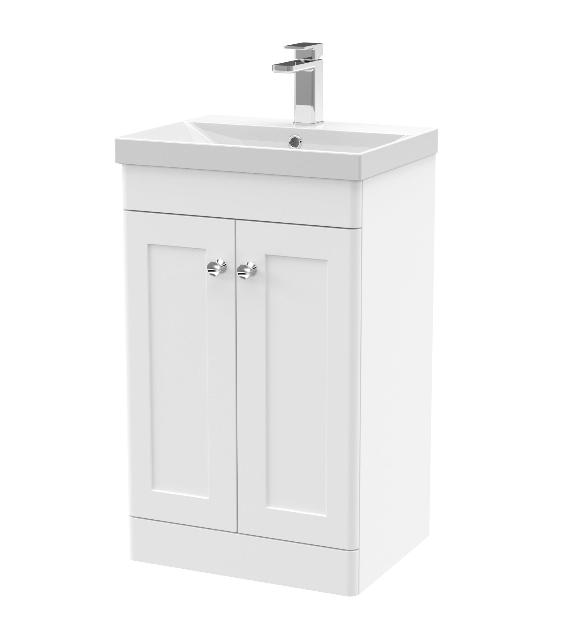 Nui Classique 500mm Floor Standing 2 Door Vanity & Basin 3 Traditional Satin White MFC Painted Matt 850x510x395mm - JJ Building Materials