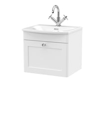 Nui Classique 500mm Wall Hung 1 - drawer Unit & Curved Basin Traditional Satin White MFC Painted Matt 461x510x440mm - JJ Building Materials