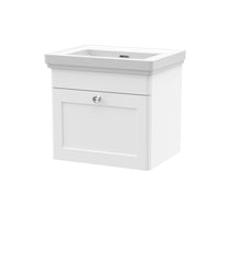 Nui Classique 500mm Wall Hung 1 Drawer Vanity & Basin 0th Traditional Satin White MFC Painted Matt 451x531x406mm - JJ Building Materials