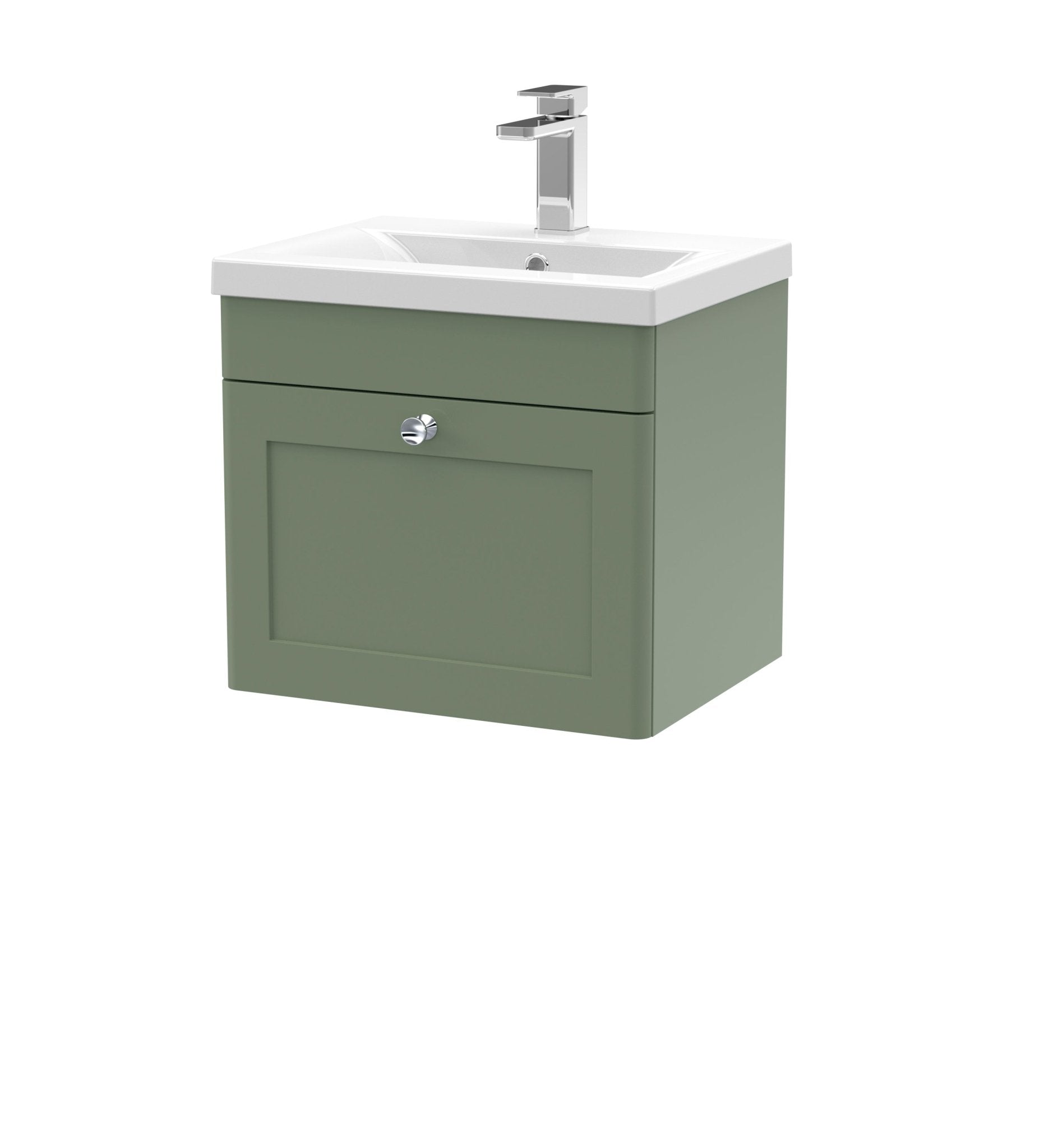 Nui Classique 500mm Wall Hung 1 Drawer Vanity & Basin 1 Traditional Satin Green MFC Painted Matt 471x510x390mm - JJ Building Materials