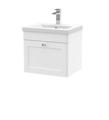 Nui Classique 500mm Wall Hung 1 Drawer Vanity & Basin 1 Traditional Satin White MFC Painted Matt 471x510x390mm - JJ Building Materials