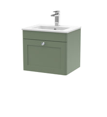 Nui Classique 500mm Wall Hung 1 Drawer Vanity & Basin 2 Traditional Satin Green MFC Painted Matt 449x500x390mm - JJ Building Materials