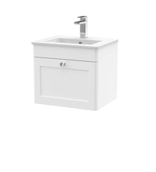 Nui Classique 500mm Wall Hung 1 Drawer Vanity & Basin 2 Traditional Satin White MFC Painted Matt 449x500x390mm - JJ Building Materials