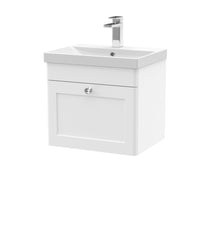Nui Classique 500mm Wall Hung 1 Drawer Vanity & Basin 3 Traditional Satin White MFC Painted Matt 481x510x395mm - JJ Building Materials
