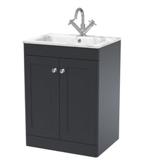 Nui Classique 600mm Floor Standing 2 - door Unit & Stone Basin 1th Traditional Soft Black MFC Painted Matt,stone 816x610x470mm - CLC1425Q - JJ Building Materials