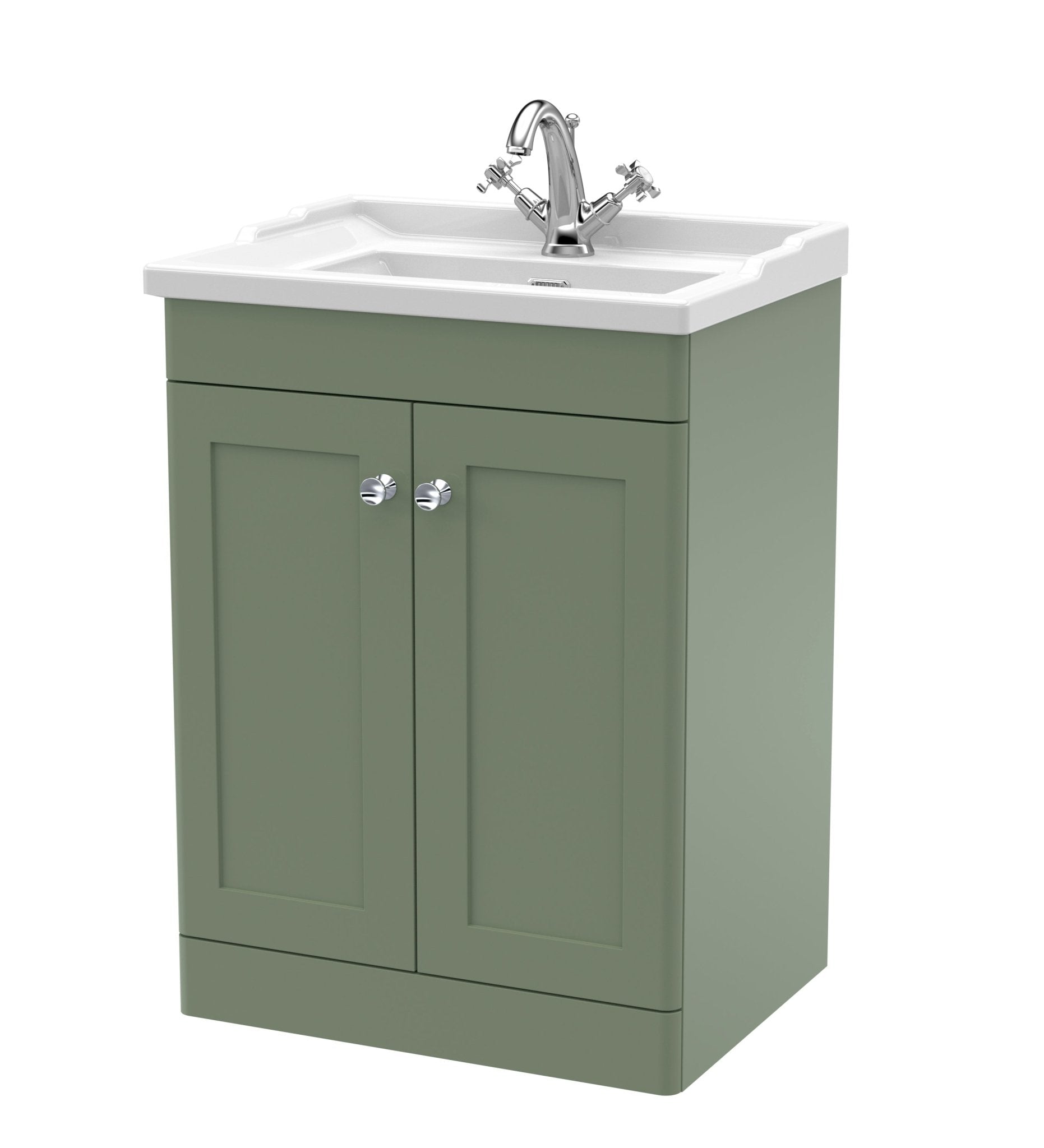 Nui Classique 600mm Floor Standing 2 Door Vanity & Basin 1th Traditional Satin Green MFC Painted Matt 858x620x470mm - JJ Building Materials
