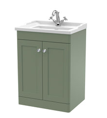 Nui Classique 600mm Floor Standing 2 Door Vanity & Basin 1th Traditional Satin Green MFC Painted Matt 858x620x470mm - JJ Building Materials