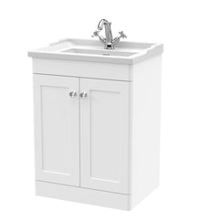 Nui Classique 600mm Floor Standing 2 Door Vanity & Basin 1th Traditional Satin White MFC Painted Matt 858x620x470mm - JJ Building Materials