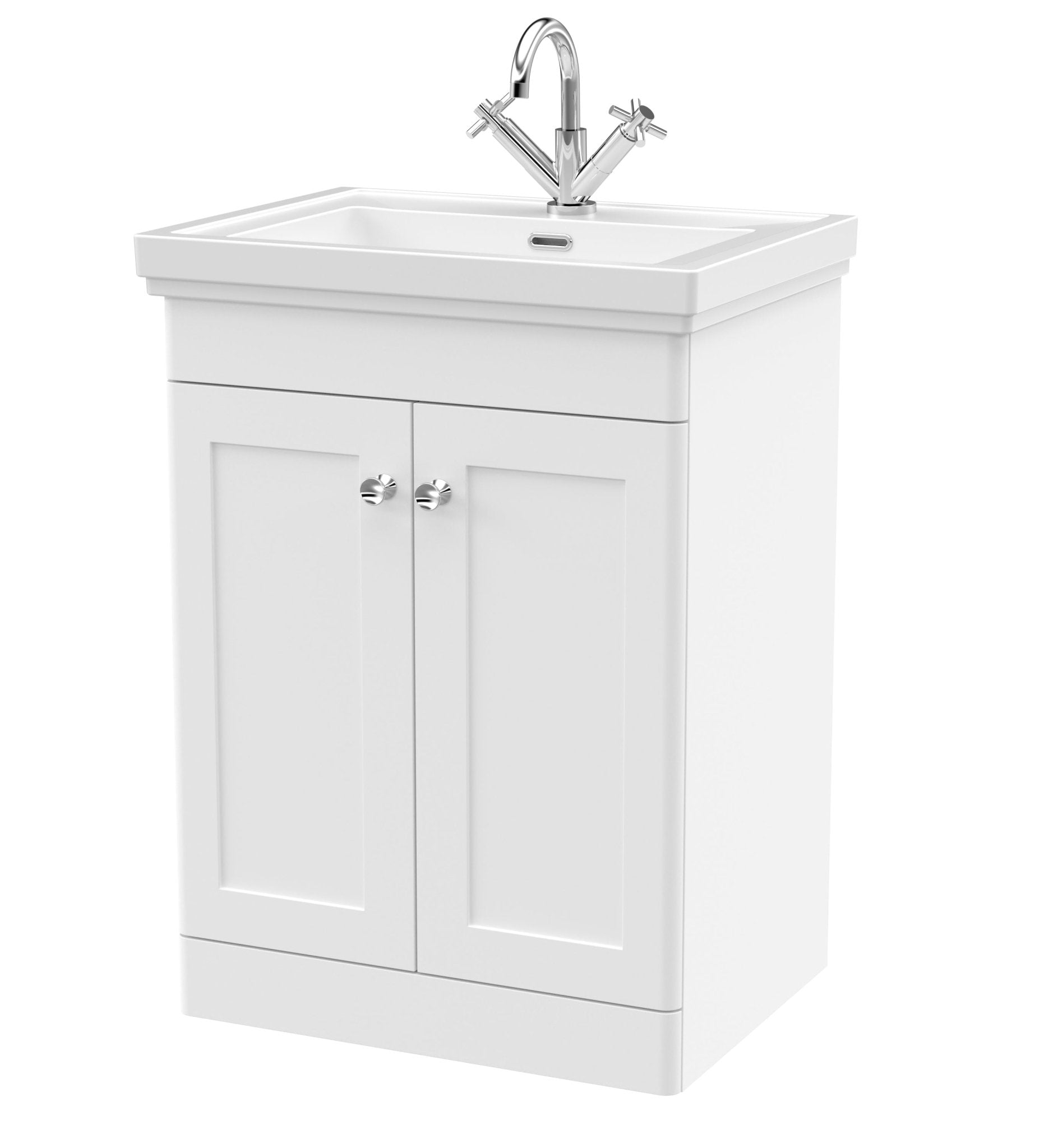 Nui Classique 600mm Floor Standing 2 - door Vanity & Basin 1th Traditional Satin White MFC Painted Matt 865x630x471mm - JJ Building Materials