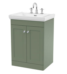 Nui Classique 600mm Floor Standing 2 - door Vanity & Basin 3th Traditional Satin Green MFC Painted Matt 865x630x471mm - JJ Building Materials