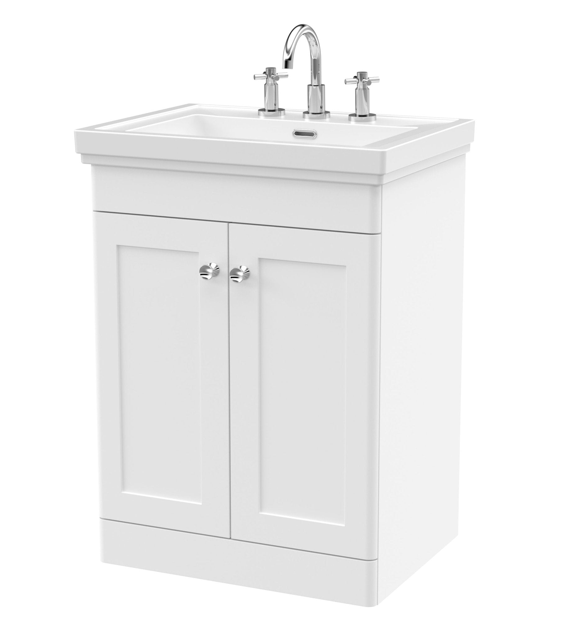 Nui Classique 600mm Floor Standing 2 - door Vanity & Basin 3th Traditional Satin White MFC Painted Matt 865x630x471mm - JJ Building Materials