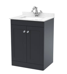 Nui Classique 600mm Floor Standing 2 Door Vanity & Marble Top 1th Traditional Soft Black MFC Painted Matt 814x620x463mm - CLC1425WS1 - JJ Building Materials