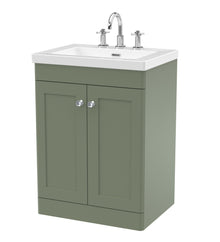 Nui Classique 600mm Floor Standing 2 - door Vanity With Basin - 3 Tap Hole Traditional Satin Green Fireclay 845x613x462mm - JJ Building Materials