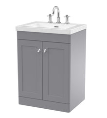 Nui Classique 600mm Floor Standing 2 - door Vanity With Basin - 3 Tap Hole Traditional Satin Grey Fireclay 845x613x462mm - JJ Building Materials