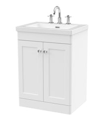 Nui Classique 600mm Floor Standing 2 - door Vanity With Basin - 3 Tap Hole Traditional Satin White Fireclay 845x613x462mm - JJ Building Materials