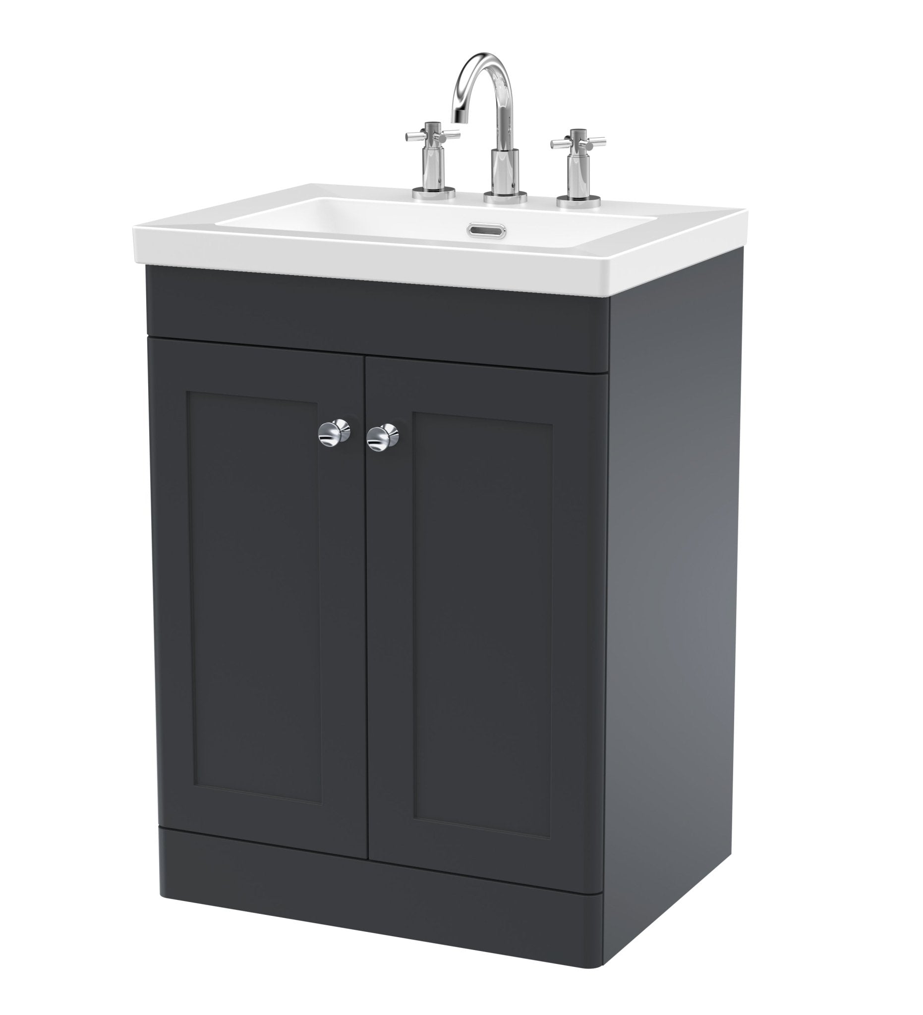 Nui Classique 600mm Floor Standing 2 - door Vanity With Basin - 3 Tap Hole Traditional Soft Black Fireclay 845x613x462mm - JJ Building Materials