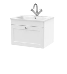 Nui Classique 600mm Wall Hung 1 - drawer Unit & Stone Basin 1th Traditional Satin White MFC Painted Matt,stone 447x610x460mm - CLC194P - JJ Building Materials