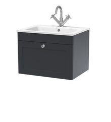 Nui Classique 600mm Wall Hung 1 - drawer Unit & Stone Basin 1th Traditional Soft Black MFC Painted Matt,stone 447x610x460mm - CLC1494P - JJ Building Materials