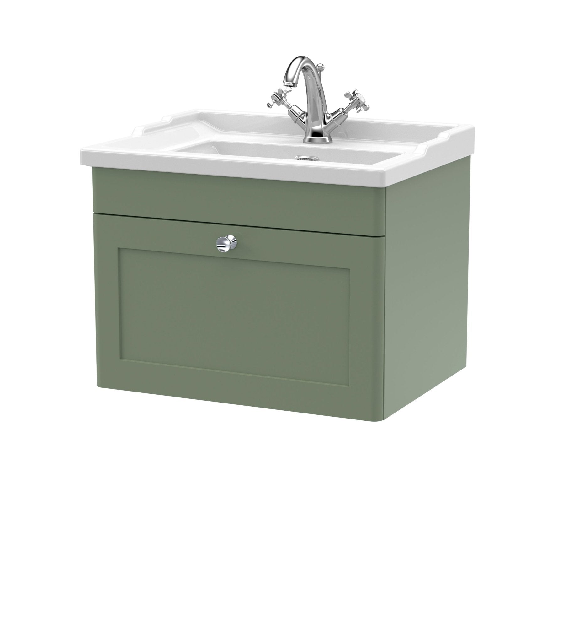 Nui Classique 600mm Wall Hung 1 Drawer Vanity & Basin 1th Traditional Satin Green MFC Painted Matt 489x620x470mm - JJ Building Materials