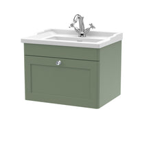 Nui Classique 600mm Wall Hung 1 Drawer Vanity & Basin 1th Traditional Satin Green MFC Painted Matt 489x620x470mm - JJ Building Materials