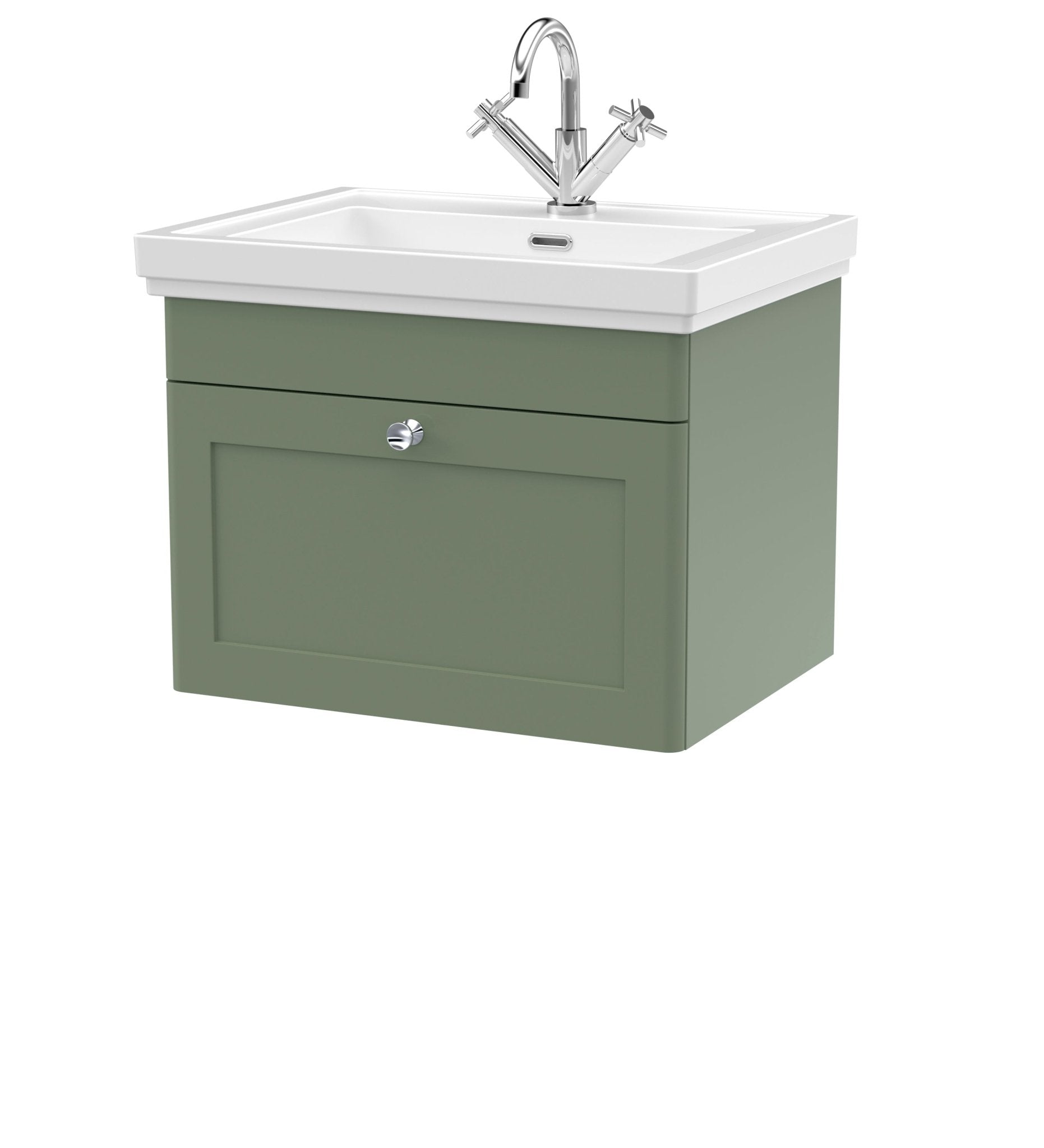 Nui Classique 600mm Wall Hung 1 - drawer Vanity & Basin 1th Traditional Satin Green MFC Painted Matt 496x631x471mm - JJ Building Materials