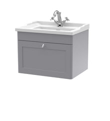 Nui Classique 600mm Wall Hung 1 Drawer Vanity & Basin 1th Traditional Satin Grey MFC Painted Matt 489x620x470mm - JJ Building Materials