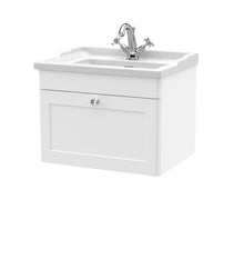 Nui Classique 600mm Wall Hung 1 Drawer Vanity & Basin 1th Traditional Satin White MFC Painted Matt 489x620x470mm - JJ Building Materials