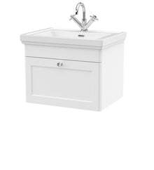 Nui Classique 600mm Wall Hung 1 - drawer Vanity & Basin 1th Traditional Satin White MFC Painted Matt 496x631x471mm - JJ Building Materials