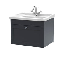 Nui Classique 600mm Wall Hung 1 Drawer Vanity & Basin 1th Traditional Soft Black MFC Painted Matt 489x620x470mm - JJ Building Materials