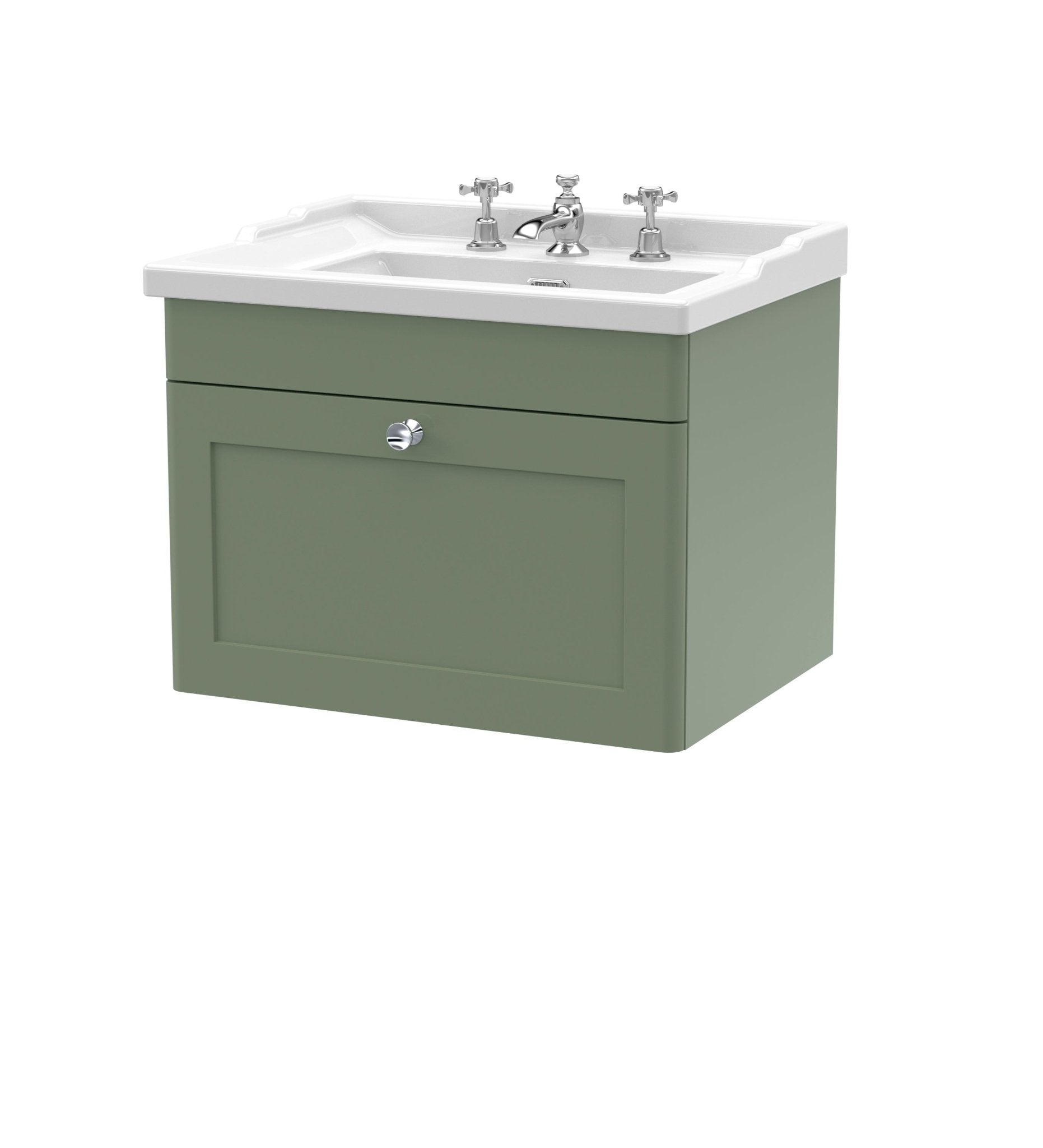 Nui Classique 600mm Wall Hung 1 Drawer Vanity & Basin 3th Traditional Satin Green MFC Painted Matt 489x620x470mm - JJ Building Materials