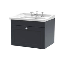 Nui Classique 600mm Wall Hung 1 Drawer Vanity & Basin 3th Traditional Soft Black MFC Painted Matt 489x620x470mm - JJ Building Materials