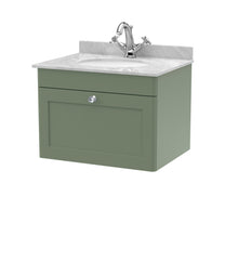 Nui Classique 600mm Wall Hung 1 Drawer Vanity & Marble Top 1th Traditional Satin Green MFC Painted Matt 445x620x463mm - CLC894GR1 - JJ Building Materials