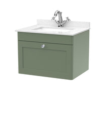 Nui Classique 600mm Wall Hung 1 Drawer Vanity & Marble Top 1th Traditional Satin Green MFC Painted Matt 445x620x463mm - CLC894WS1 - JJ Building Materials
