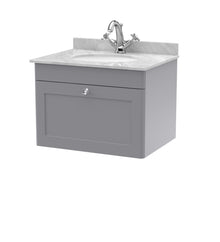 Nui Classique 600mm Wall Hung 1 Drawer Vanity & Marble Top 1th Traditional Satin Grey MFC Painted Matt 445x620x463mm - CLC294GR1 - JJ Building Materials