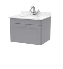 Nui Classique 600mm Wall Hung 1 Drawer Vanity & Marble Top 1th Traditional Satin Grey MFC Painted Matt 445x620x463mm - CLC294WR1 - JJ Building Materials