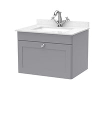 Nui Classique 600mm Wall Hung 1 Drawer Vanity & Marble Top 1th Traditional Satin Grey MFC Painted Matt 445x620x463mm - CLC294WS1 - JJ Building Materials