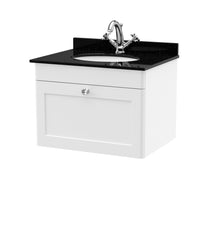Nui Classique 600mm Wall Hung 1 Drawer Vanity & Marble Top 1th Traditional Satin White MFC Painted Matt 445x620x463mm - CLC194BR1 - JJ Building Materials