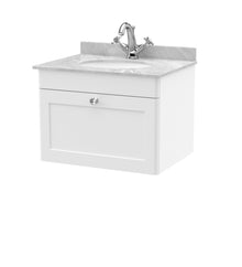 Nui Classique 600mm Wall Hung 1 Drawer Vanity & Marble Top 1th Traditional Satin White MFC Painted Matt 445x620x463mm - CLC194GR1 - JJ Building Materials
