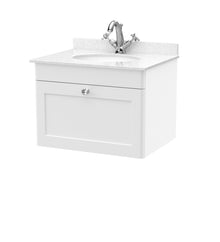 Nui Classique 600mm Wall Hung 1 Drawer Vanity & Marble Top 1th Traditional Satin White MFC Painted Matt 445x620x463mm - CLC194WR1 - JJ Building Materials