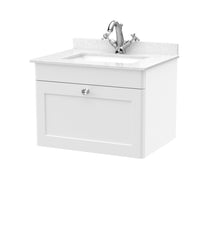 Nui Classique 600mm Wall Hung 1 Drawer Vanity & Marble Top 1th Traditional Satin White MFC Painted Matt 445x620x463mm - CLC194WS1 - JJ Building Materials