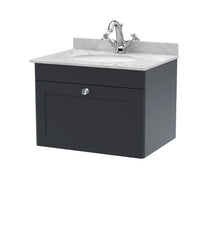 Nui Classique 600mm Wall Hung 1 Drawer Vanity & Marble Top 1th Traditional Soft Black MFC Painted Matt 445x620x463mm - CLC1494GR1 - JJ Building Materials