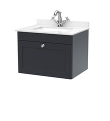 Nui Classique 600mm Wall Hung 1 Drawer Vanity & Marble Top 1th Traditional Soft Black MFC Painted Matt 445x620x463mm - CLC1494WS1 - JJ Building Materials
