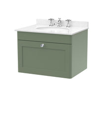 Nui Classique 600mm Wall Hung 1 Drawer Vanity & Marble Top 3th Traditional Satin Green MFC Painted Matt 445x620x463mm - CLC894WR3 - JJ Building Materials