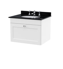 Nui Classique 600mm Wall Hung 1 Drawer Vanity & Marble Top 3th Traditional Satin White MFC Painted Matt 445x620x463mm - CLC194BR3 - JJ Building Materials